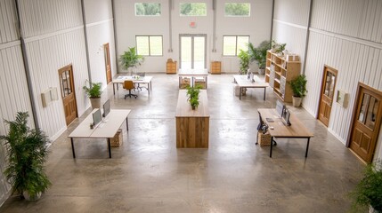 A spacious, modern office interior featuring wooden furniture, plants, and large windows, creating a bright and inviting workspace.