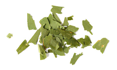 Chopped dry ginkgo biloba leaves pile isolated on white, top view