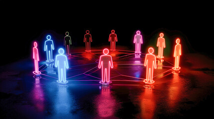  Bright neon silhouettes of people connected by glowing lines, representing networking, communication, and collaboration in a futuristic design..