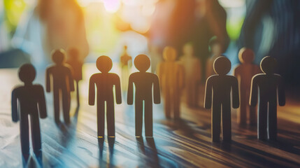  Wooden human-like figures standing together on a polished surface, illuminated by warm sunlight, symbolizing teamwork and community..