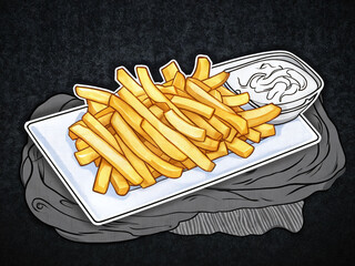 Crispy golden fries served on a white plate with a side of creamy dipping sauce