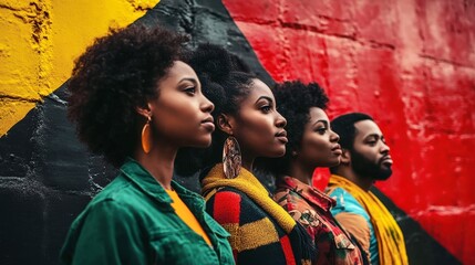 Young black people standing near grunge wall with red, yellow, green, black graffiti outdoors