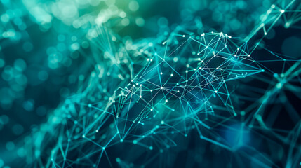  Dynamic glowing network of connected points and lines in teal tones, symbolizing technology, data exchange, and digital connectivity..