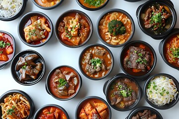 Traditional Korean side dishes banchan in black ceramic bowls including kimchi, marinated vegetables, and braised meat dishes served in authentic restaurant style presentation.