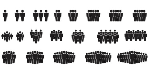 Set of icons with human silhouettes. Stickers with one, two, three, five and a crowd of people. Man sign - large selection. Vector.