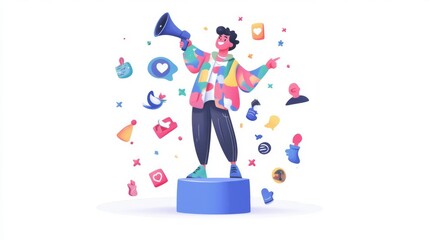 Obraz premium A vibrant character passionately sharing ideas with a megaphone.