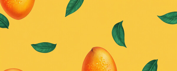Bright mangoes with green leaves on vibrant yellow background creating a cheerful fruit pattern suitable for various designs