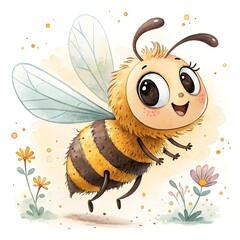 Obraz premium Cartoon cute bee watercolor illustration on a white background