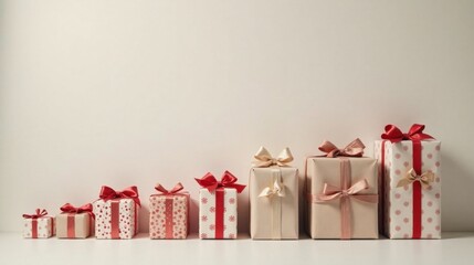 A row of festively wrapped presents with elegant bows, showcasing a variety of sizes and colors, arranged against a minimalist backdrop