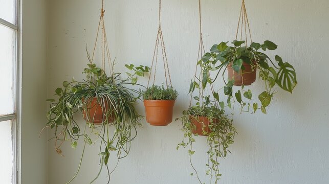 Hanging plants in terracotta pots create a lush, green indoor ambiance.