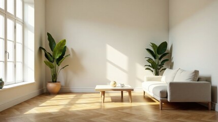 Fototapeta premium Sunlit Living Room with Minimalist Decor and Neutral Tones Featuring a Comfortable Sofa and Lush Greenery