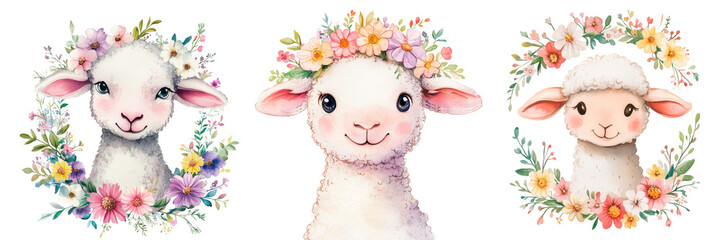 Fototapeta premium Adorable watercolor illustrations of lambs with floral wreaths. Perfect for Easter cards, childrens designs, nursery decor, and spring-themed projects with a soft, charming touch.