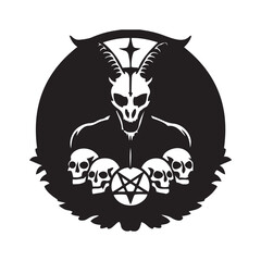 Dark occult symbol, demonic goat skull, pentagram, multiple human skulls