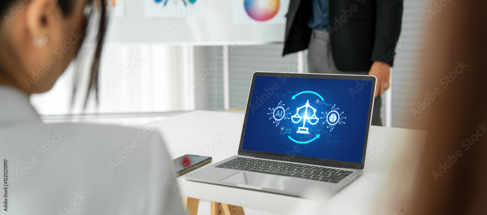 Poster ai ethics responsibility standard law and rules on computer screen provide report of ai ethic transp