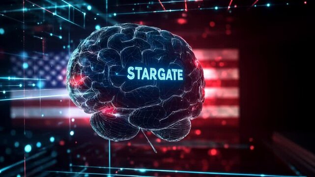 Artificial intelligence brain and United States of America flag representing the Stargate project, connecting futuristic technology with national identity - Powered by Adobe