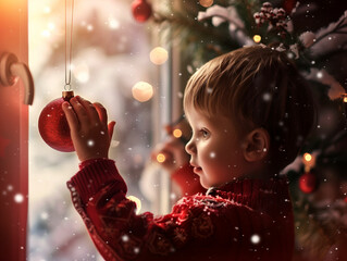 Excited child decorates Christmas tree with a bright red ornament at home during holiday season. 