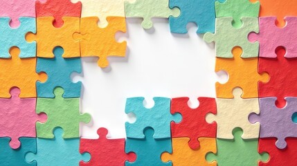Colorful Jigsaw Puzzle Pieces Forming a Frame with a Blank Center for Text or Image