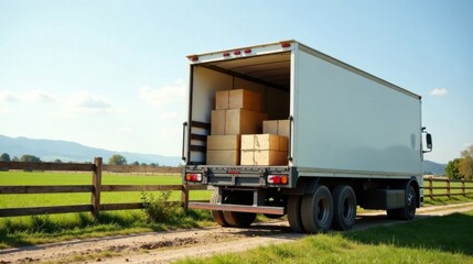 White delivery truck loaded with cardboard boxes driving on a rural road beside a wooden fence under a clear sky