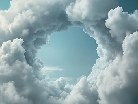 Celestial Portal: A breathtaking view of a circular opening in a dense cloud formation, revealing a serene blue sky beyond