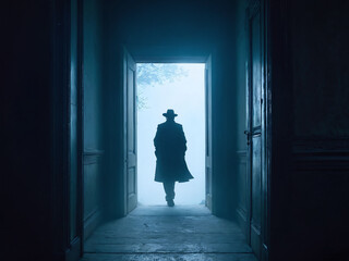 Fototapeta premium Mysterious figure walking through door in foggy landscape with eerie ambiance at twilight