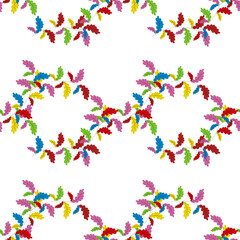 Seamless Vector pattern with spirals depicting autumn leaves in bright shades of yellow green orange red and purple pink blue