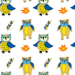 Seamless Vector Pattern with yellow blue owls with twigs and flowers in Doodle Cartoon Style