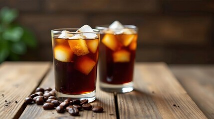 Refreshing Iced Coffee in Glassware on Rustic Wooden Table