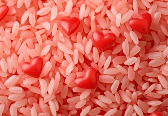 A horizontal sensory bin for children on Valentine's Day, featuring pink rice and heart motifs