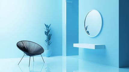 Fototapeta premium Minimalist blue interior design with mirror and modern chair