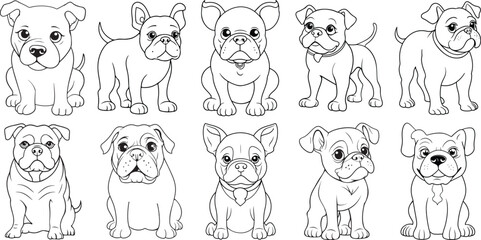 Cute Bull Dog Bundle, Black Line Art of Dog, Hand Drawn Illustration
