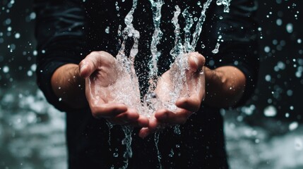 Fototapeta premium Hands cupping water under a dark dramatic background