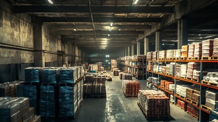 Fototapeta premium Dark warehouse interior with stacked pallets and shelves full of goods.
