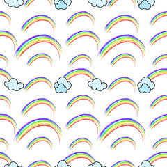 Seamless Vector Pattern with Rainbow and clouds in Doodle Cartoon Style on Transparent Background