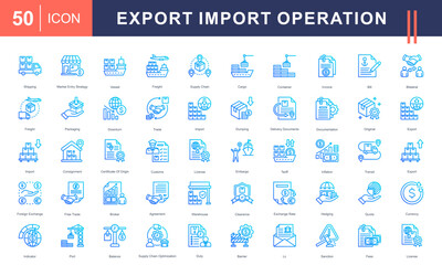 Icons for Export-Import Operations, including shipping, cargo, trade, documentation, customs, tariffs, market strategy, and foreign exchange. Ideal for logistics and international trade projects.
