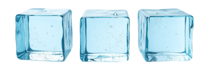 Three transparent ice cubes isolated on white Ideal for beverage cooling or winter themes  Perfect for websites and advertising