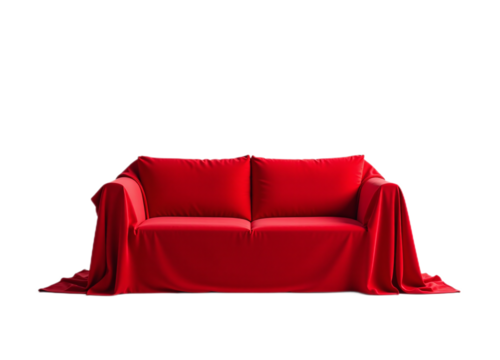 A red sofa is elegantly draped with matching fabric Ideal for interior design websites or presentations