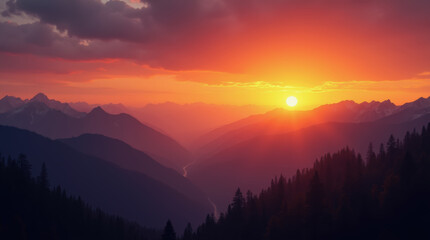 Obraz premium A breathtaking sunset illuminates the mountain range, filling the sky with shades of orange and pink. The sun dips behind peaks, creating a serene and peaceful evening view
