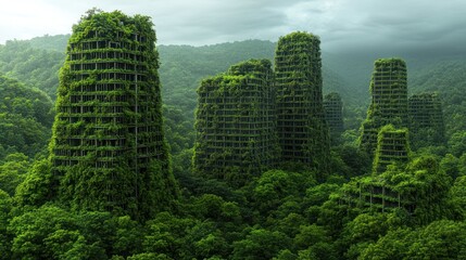 Fototapeta premium Lush green towers emerge from the vibrant forest, shrouded in mist on an overcast day