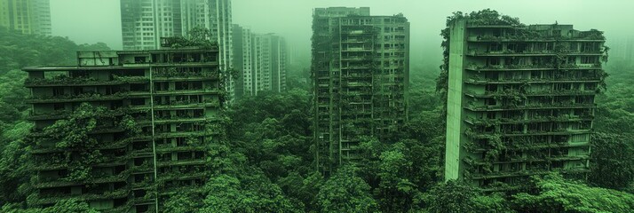 Abandoned buildings enveloped in dense foliage illustrate natures power over urban development