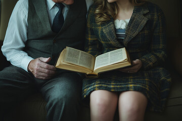 Fototapeta premium Photo d’un couple assis sur un canapé, lisant un livre ensemble sous une couverture confortable, avec une lumière chaude de lampe à proximité