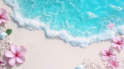 Obraz premium Soft waves lap against a sandy shore adorned with pink flowers and seashells under bright sunlight