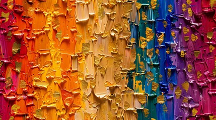 Naklejka premium Vibrant rainbow colored oil paint texture with thick impasto brush strokes creating a dynamic abstract background perfect for creative and artistic designs.