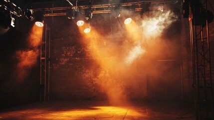 Stage illuminated by warm spotlights in dramatic ambiance