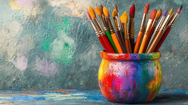 Brightly colored brushes stand in a hand painted pot against an artistic backdrop on a table