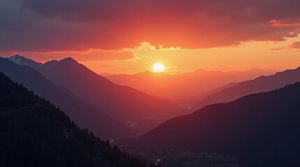 Obraz premium Vibrant hues of orange and pink glow across the sky as the sun sets behind the rugged mountain peaks, creating a breathtaking natural spectacle in the evening