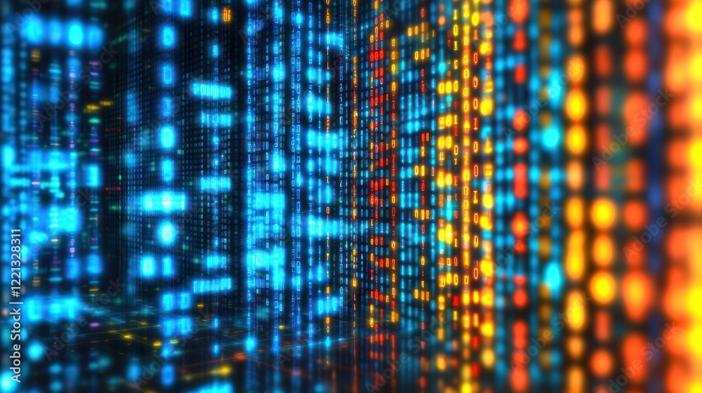 Poster bright blue and orange dots create a dynamic display of digital data moving in a network
