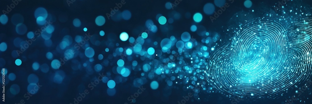 Poster bright blue particles create a dynamic background with a fingerprint design emphasizing detail