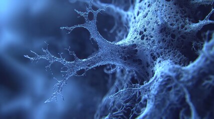 Close up view of a microscopic entity exhibiting complex branching structures in deep blue hues