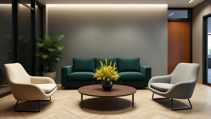 Modern living room with green sofa, cream armchairs, and a wooden coffee table