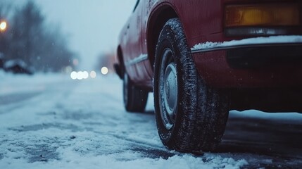 Naklejka premium A red car travels slowly through a snowy street, surrounded by winter scenery and dim lights
